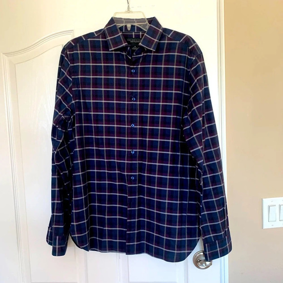 Mens Bloomingdales Mens Store button front casual size M blue and purple plaid - Picture 1 of 4